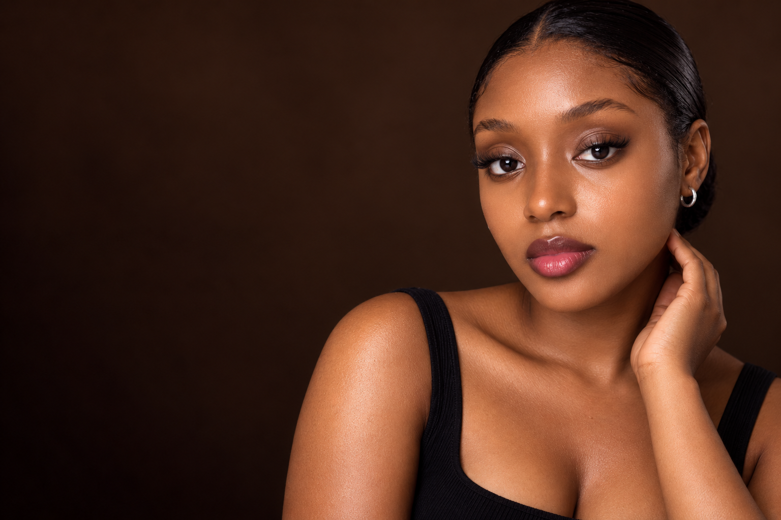 Editorial beauty portrait highlighting softly defined brows, lips and lashes