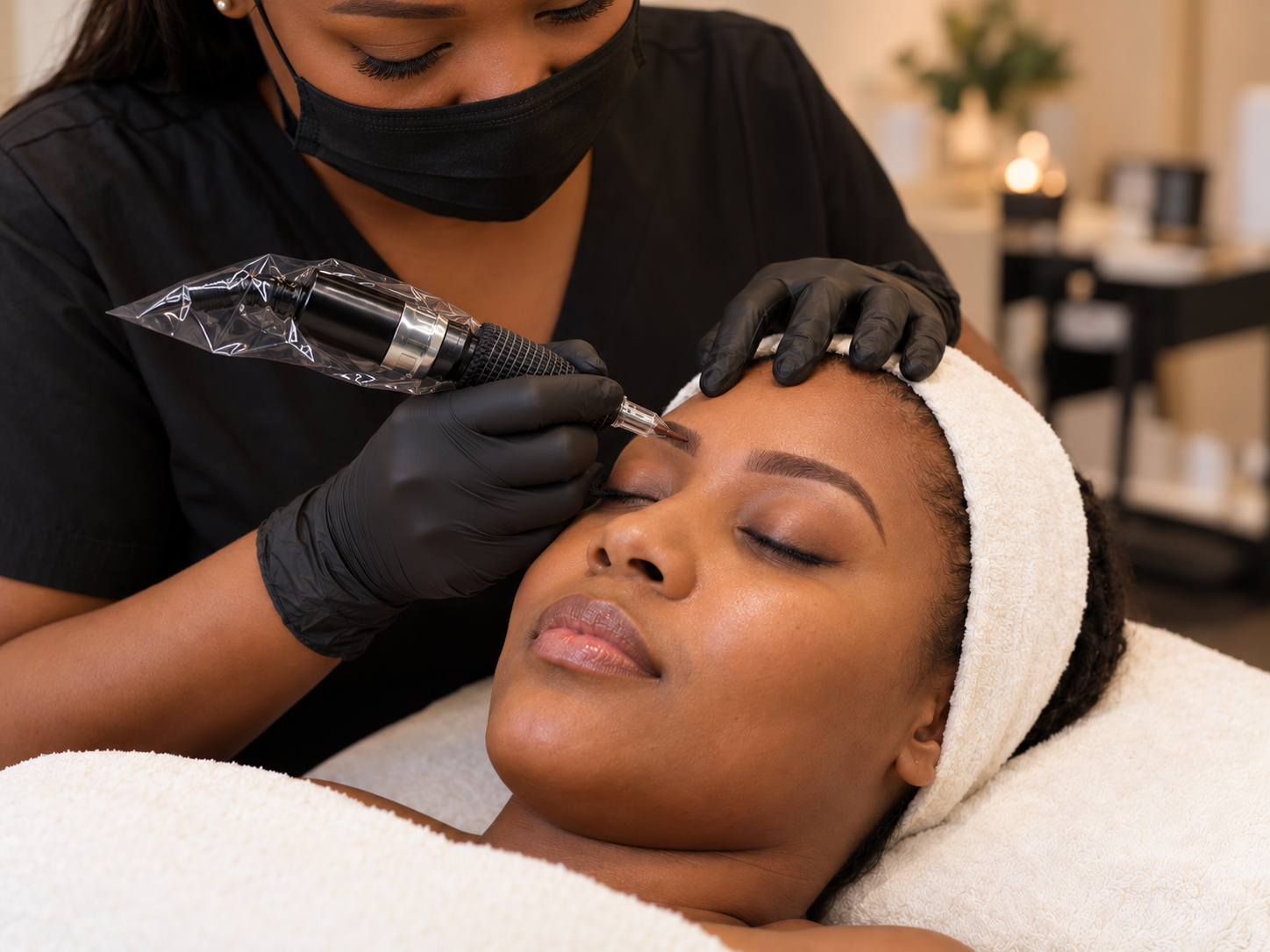 Illustrative Micro shading treatment photo with a black cosmetic tattoo machine at the eyebrow