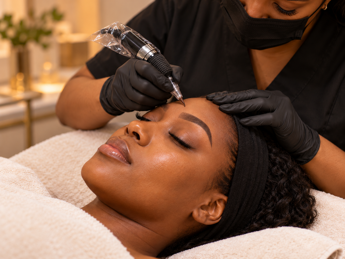 Illustrative Ombre brows treatment photo with a black cosmetic tattoo machine at the eyebrow